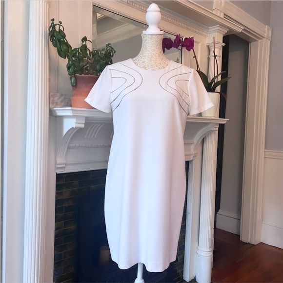 DIANE VON FURSTENBERG White Cecilia Ladder Stitch Short Sleeve Shift Dress Sz 4 - Picture 2 of 16